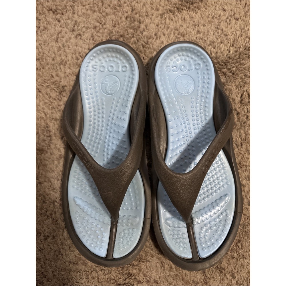 Crocs Athens Flip Flops Brown Light Blue Crosslite Women's 7 Men's 5
